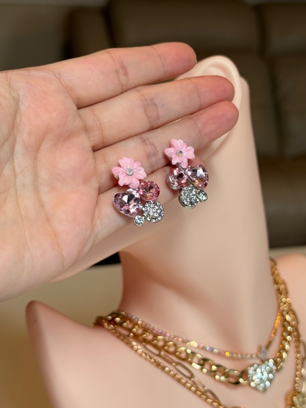 Pink Flower Cluster Crystal Stud Earrings - Picture 12 of 12